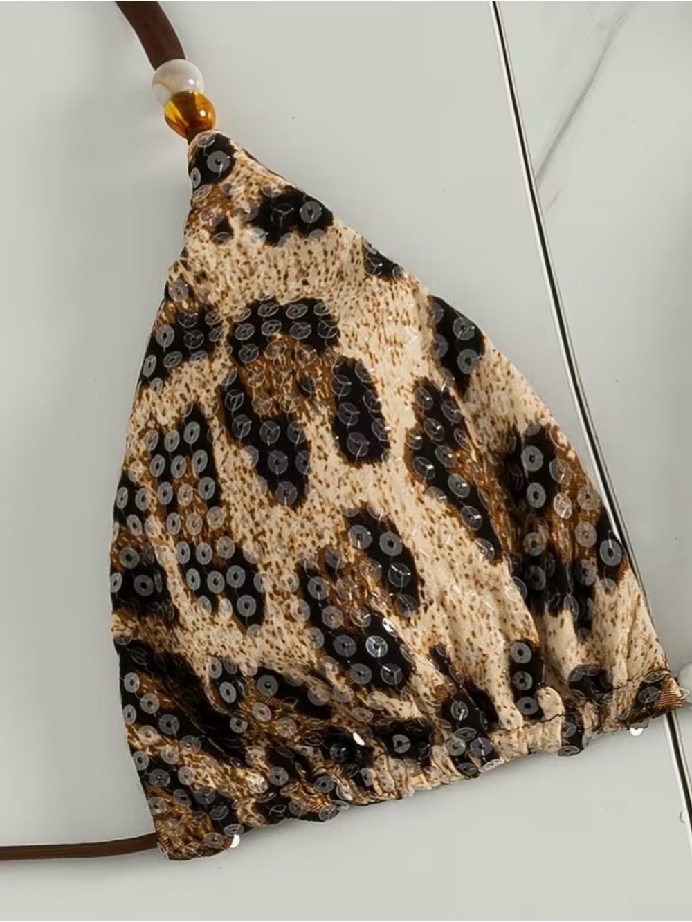 Sexy Brown Leopard Print Bead Accents Tie Side Bikini Set - Picture 8 of 11